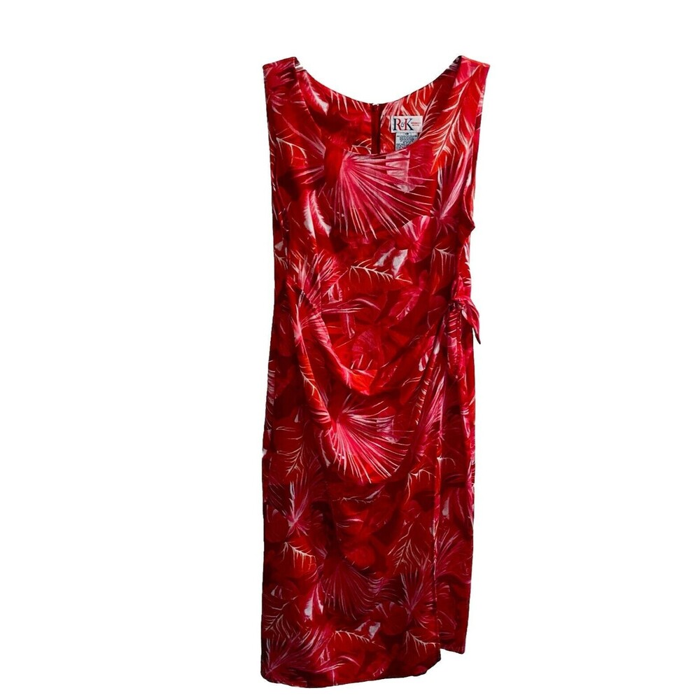 R K Originals Dress 10P Petites Red Pink Faux Wrap Tropical Floral Sleeveless